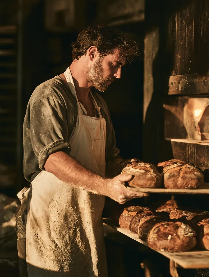 Baker sliding fresh bread onto the display shelf before opening