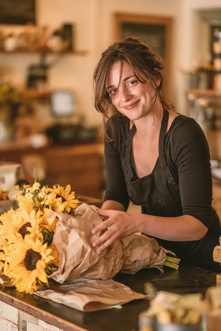 A florist wrapping a bouquet for a customer — small services done personally
