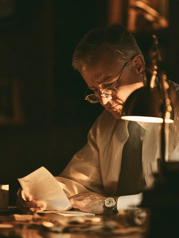 Borrower reviewing consolidation loan terms carefully under a reading lamp