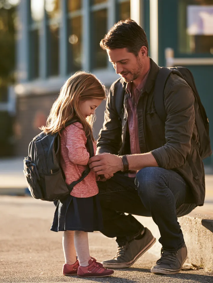 A parent walking a child to school on an ordinary morning, finances handled