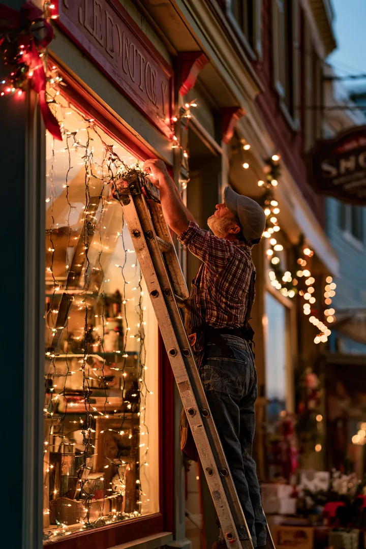Shop owner stringing warm lights across his storefront before the holiday season